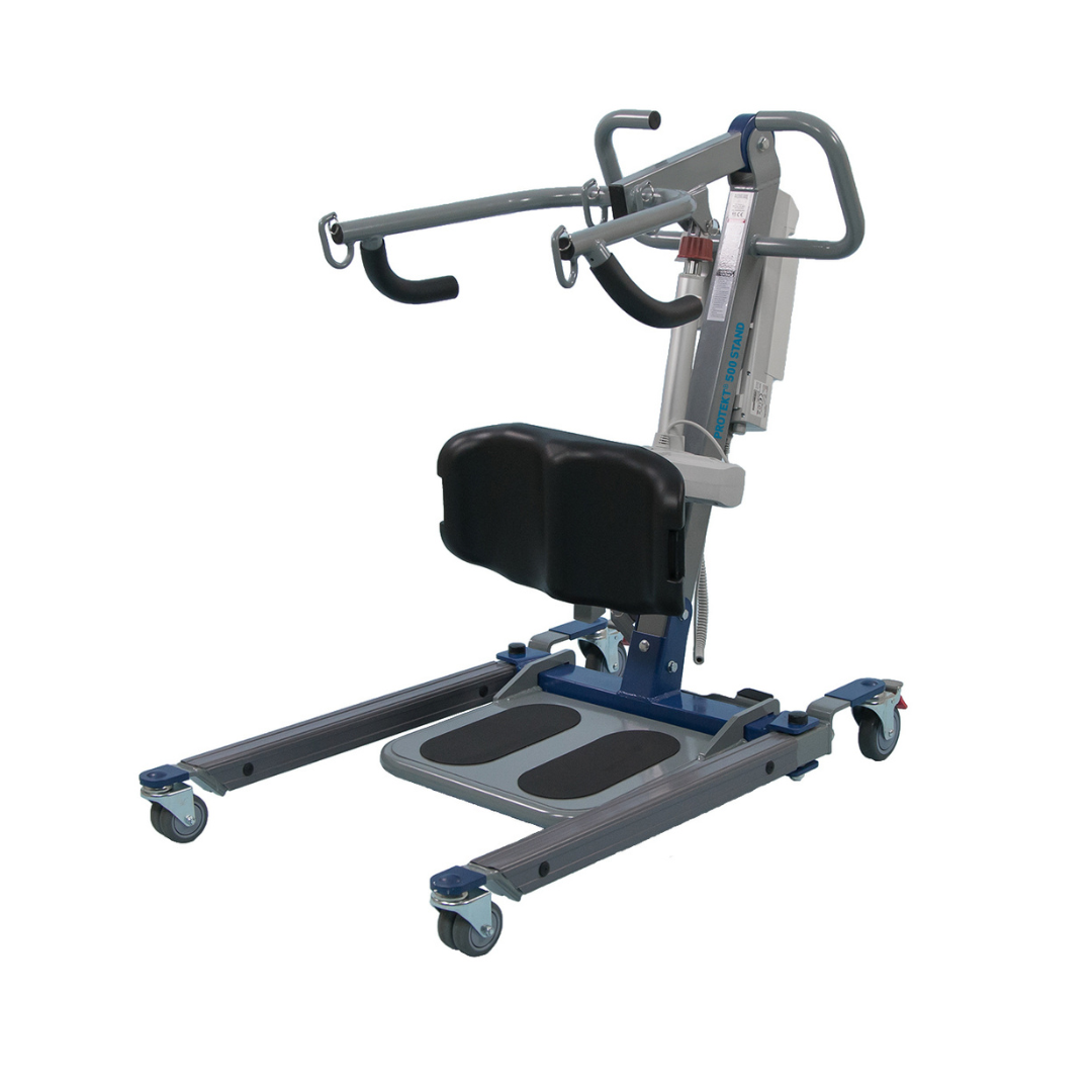 The Proactive Protekt® 500/600 lb Sit-to-Stand Lift features padded knee support, ergonomic handles, a wide base, and four wheels to assist bariatric individuals with safe standing and transferring.